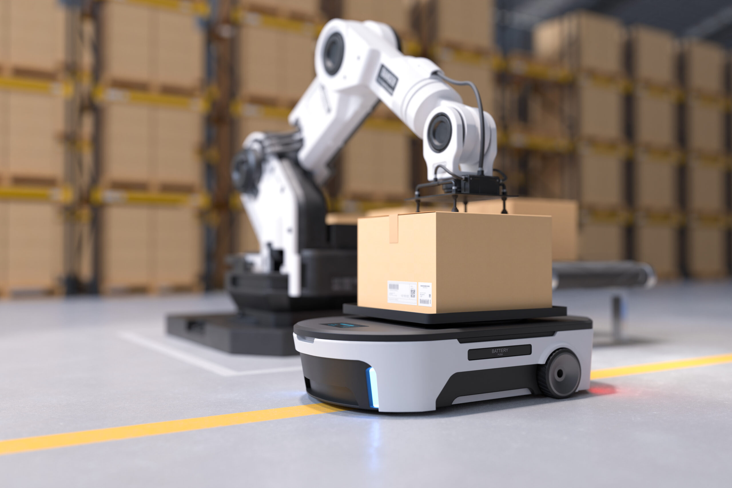 The Robot arm picks up the box to Autonomous Robot transportation in warehouses, Warehouse automation concept. 3D illustration